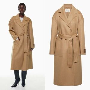 Aritzia 94% Virgin Wool Belted Trench Coat in Camel/Tan